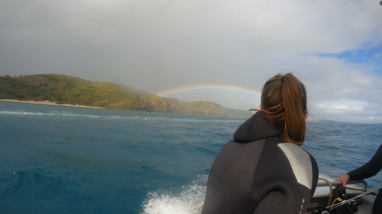 Back view of a woman on a samll boat looking at a rainbow
EMPTY NEST DIVER