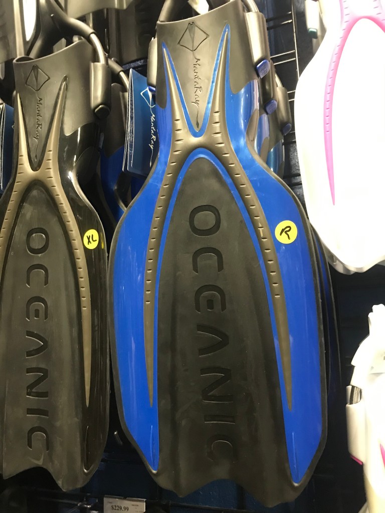 Scuba fins in shop