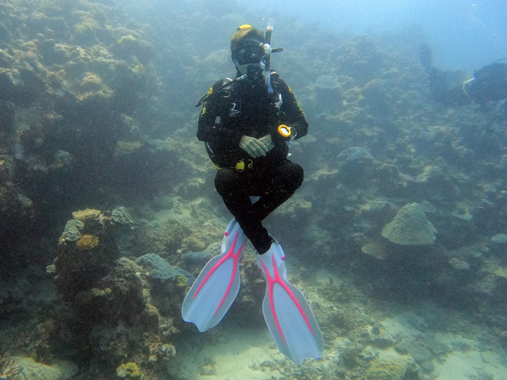 A SCUBA WOMAN Buddha pose
EMPTY NEST DIVER
