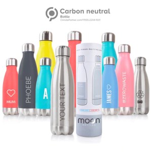A selection of Moon reusable stainless steel water bottles