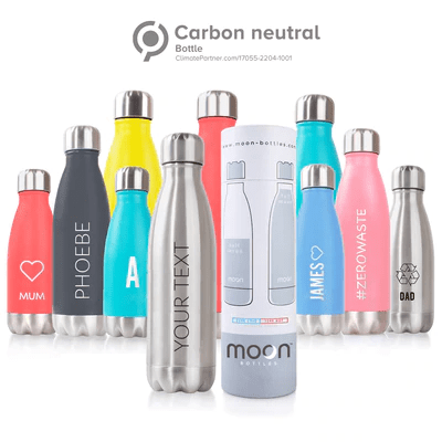 A selection of different re-usable water bottles by Moon Bottles