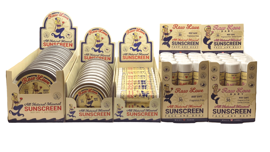 Tins of Raw Love sunscreen and lip balms