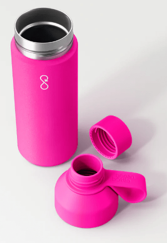 A hot pink Ocean Reusable Water Bottle displayed in 3 pieces