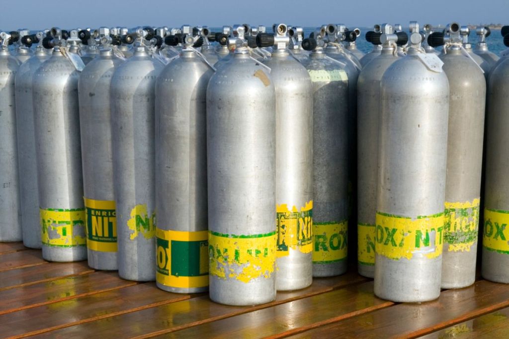 A collection of nitrox scuba tanks