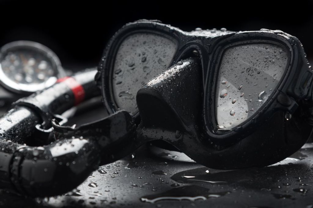 A close up of a wet mask and snorkel.
Empty Nest Diver