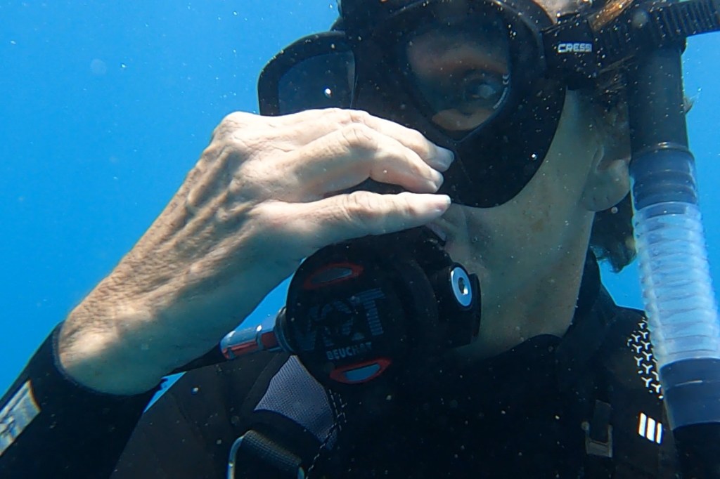 A Scuba Woman equalizing under water
Empty Nest Diver