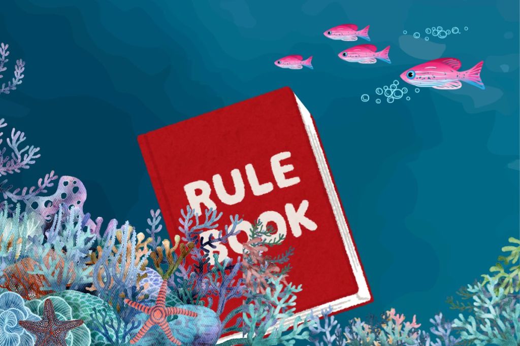 A graphic showing a rule book underwater on a coral reef
Empty Nest Diver